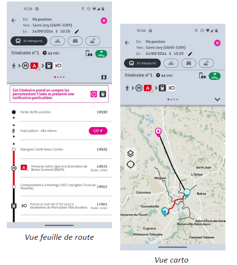 vues de l'appli Tisséo et des trains liO